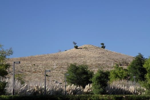 A photo of hill covered with dry  grass