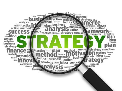 Magnified illustration with the word Strategy on white background.