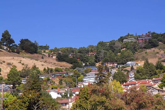 A small American town on the hills with trees