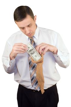 The businessman collects the earned money in a female kapron stocking