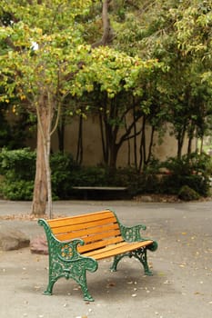 An orange bench in the park at autumn