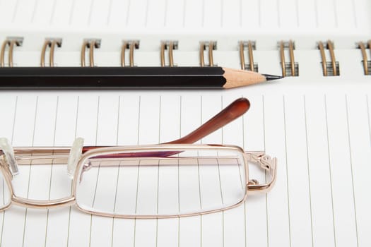 A lined diary with black pencil and reading glasses