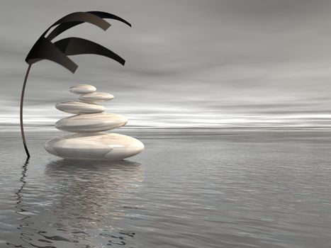 Balanced white stones upon the ocean and under a covering plant in a grey background