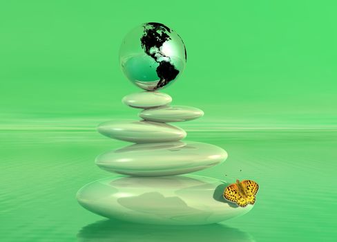 Earth on balanced white stones with a colored butterfly upon the ocean in a green background
