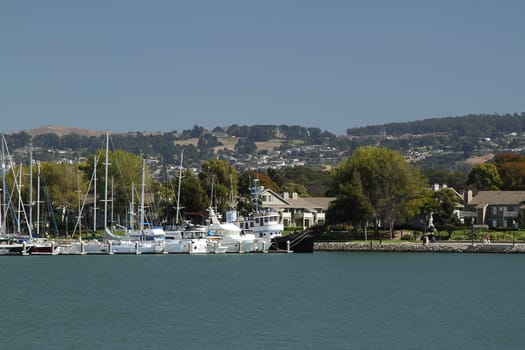 Row of sailboats on the piers and houses