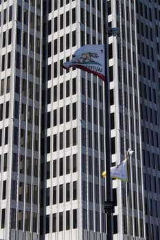 Flag of California with skyscrapers on the background