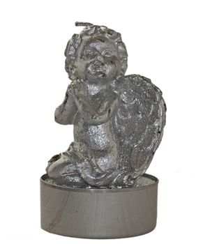 Little candle in form of a small silver angel over white