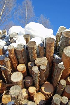 A pile of woodfuel logs with blue sky and frosted birch trees in bright sunlight. Photographed in Salo, Finland in January 2011.