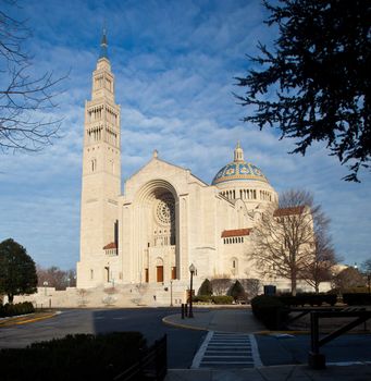 Basilica of the National Shrine of the Immaculate Conception in Washington DC on a clear winter day