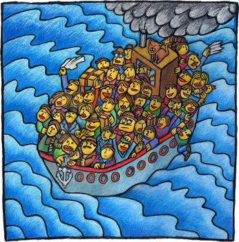 Lot of people over a poor boat sailing on the sea towards a better future.
A child like illustration good also for some business concept. Technique: oil pastels on paper.