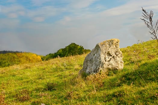 Single large stone on a slope. Early autumn