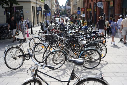 A lot of bicycles on Stockholm street. Sweden