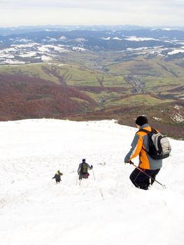 Hiker in winter in the Carpathians Mountains. Ukraine