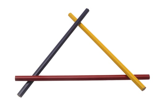 Three colored pencils, blue, red and yellow,  forming a triangle