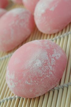Closeup of pink japanese rice cakes