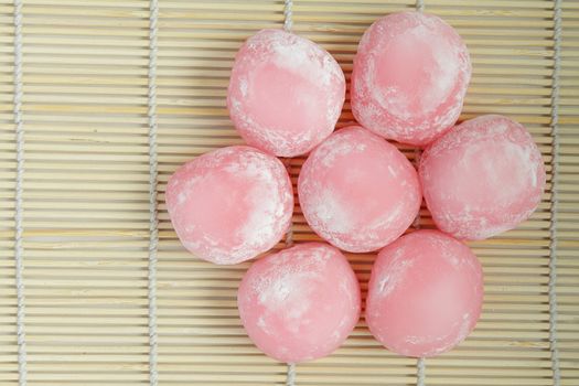 View from above on group of pink japanese rice cakes