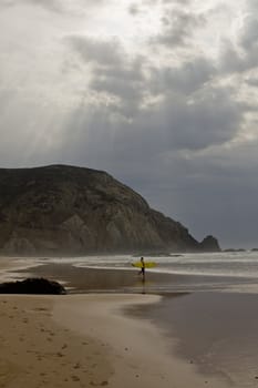 View of the silhouette of a surfer girl on a beautiful beach.