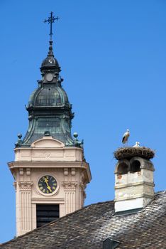 Stork's nest up on a roof in an Austrian village