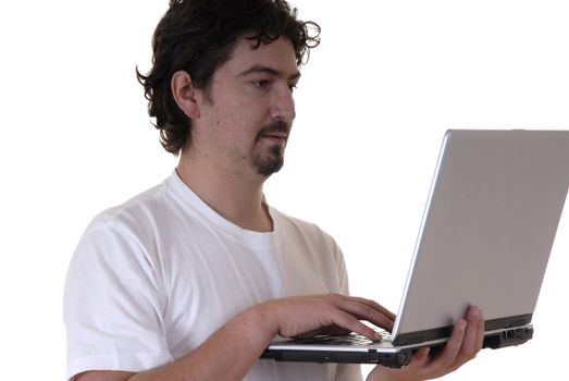 young adult working with computer in white background