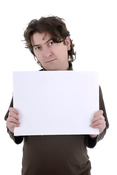 man with a white card in a white background