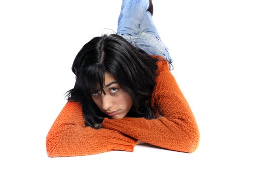 young woman portrait in the white floor