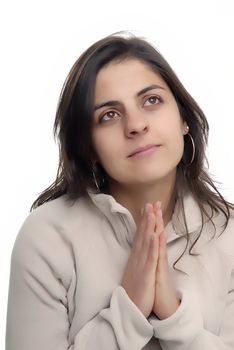 young girl praying in a white background