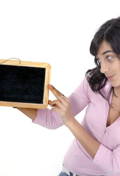 young girl with a blackboard in a white background