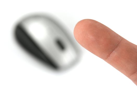 Finger of a man ready to click. Isolated on white, focus on the finger.