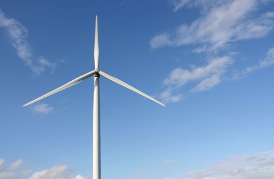 Wind turbines in a field, in summer, over a blue sky.