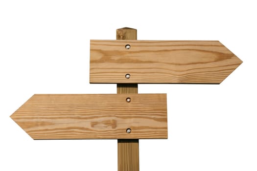 Wooden direction sign isolated on white, clipping path included