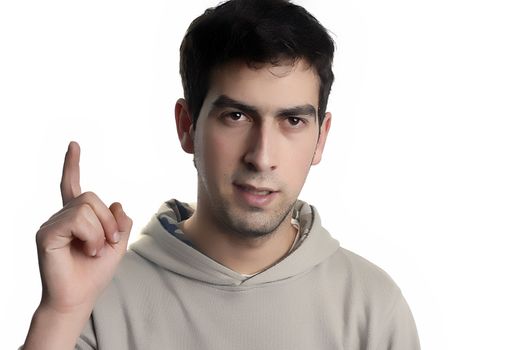 young caucasian man silly in a white background