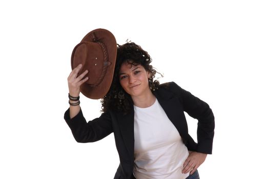 happy young woman with a hat in white background