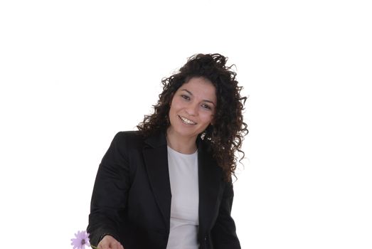 young woman with a flower in a white background