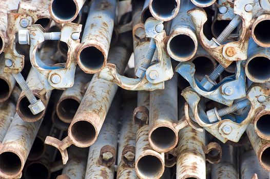 Close-up of scaffolding pipes with block system