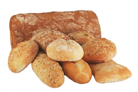 fresh rolls and bread on white background