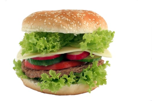 photo cheeseburger from vegetables on white background