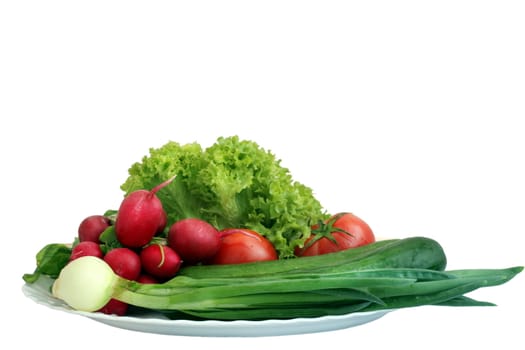 the photo of vegetables on plate on white background