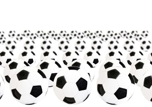 photo of large quantity of foot balls on white background