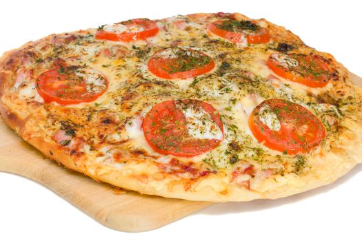 pizza on board, isolated over white background
