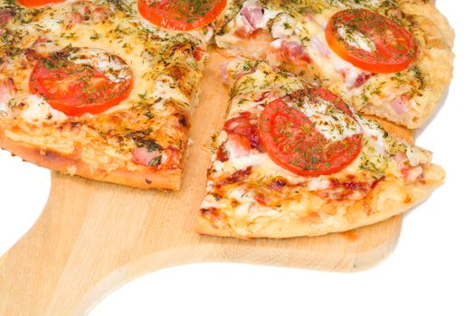 slice of pizza on board, isolated over white background