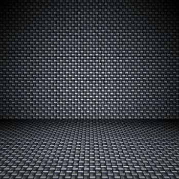 A realistic carbon fiber textured backdrop with 3D perspective.
