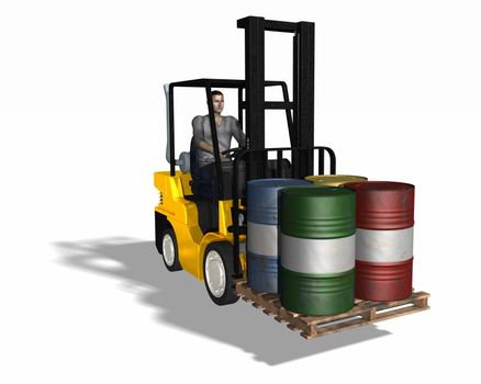 High resolution 3d render. Fork lift loading 4 barrels