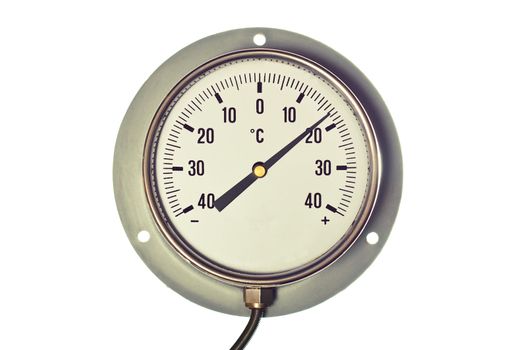 Silver and white, round,  industrial celsius thermometer isolated on a white background