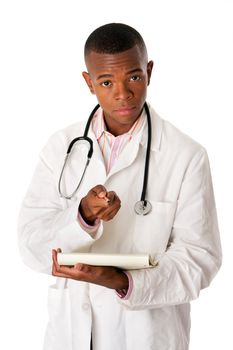 Handsome Doctor physician with patient chart dossier and stethoscope asking and confirming questions, taking note, isolated.