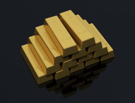 Pile of gold bars on a black background with a little reflection