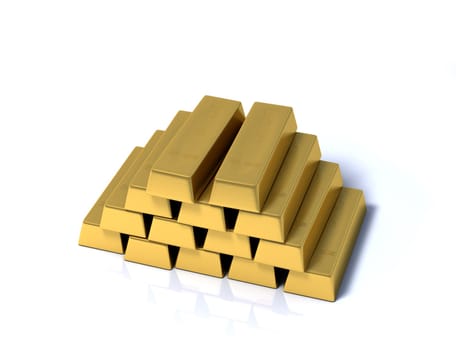 Pile of gold bars on a white background with a little reflection