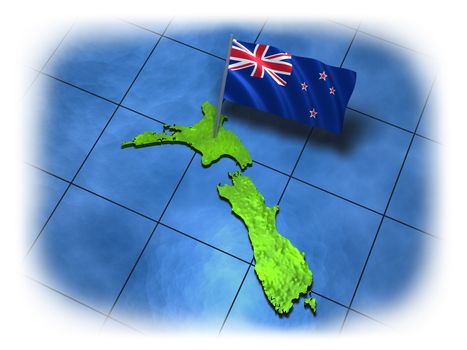 New Zealand country with its flag and piece of sea on a white background