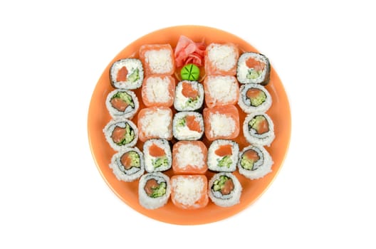 Closeup japanese sushi set at plate on a white