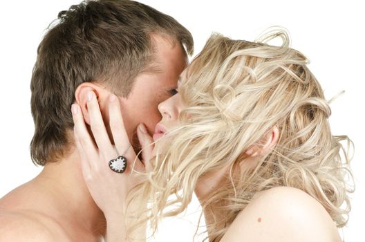 Kissing man and woman - lovers closeup portraits