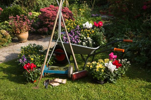 Wheelbarrow, grass mower, garden equipment, tools, preparing for planting new plants in the garden on early September morning